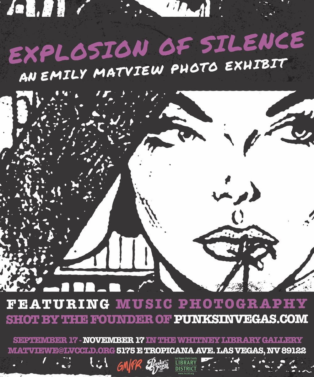PunksInVegas's tweet photo. “Explosion of Silence” is photos of blink-182, The Wonder Years, Phoebe Bridgers, Rayner, Lawrence Arms, Proper., Be Like Max, Tiny Stills &amp; more taken by PunksInVegas founder Emily Matview and displayed in the Whitney Library Gallery!

Details: https://t.co/IJeA1stwym https://t.co/iCoFsmu5Y5