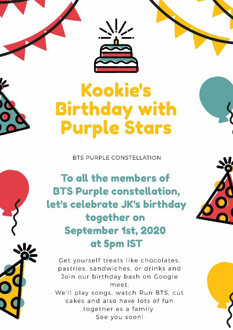 BTSPurpleConst's tweet photo. Hey ARMYs! hope y'all are doing fine💜
Reach us if you want to join this birthday party with us. 
Let's celebrate JUNGKOOK together! 🥳
#purpleconstellation #oneinanarmy #jungkookbirthday #jungkookday #jungkookbirthdayparty #jkbirthday2020 #jkbirthday #BTSLIVEPARTY #BTS #BTSARMY https://t.co/Tjz4cqzruv