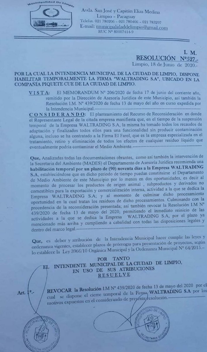 El actual intendente de Limpio en junio pasado habilitó a la firma Waltrading S.A para seguir operando y por ende destruyendo la Laguna Cerro de Piquete Cué - Limpio.
<a href="/mambiente_py/">Ministerio del Ambiente y Desarrollo Sostenible Py</a> <a href="/MinPublicoPy/">Fiscalía Paraguay</a> <a href="/SandraQuinonezA/">Sandra Quiñonez Astigarraga</a>