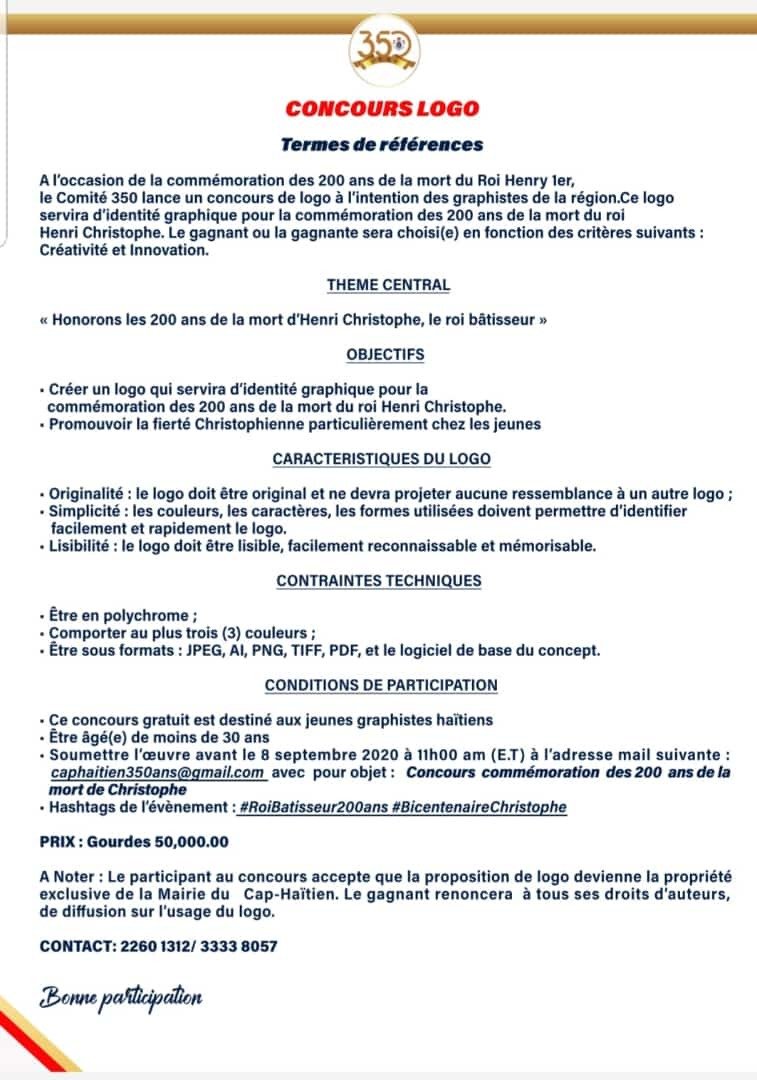 MairieduCap's tweet image. Dans le cadre de la commémoration des 200 ans de la mort du Roi Henry 1er, le Comité 350e lance un concours de logo qui s&apos;adresse à tous les jeunes graphistes, infographistes du Nord.
