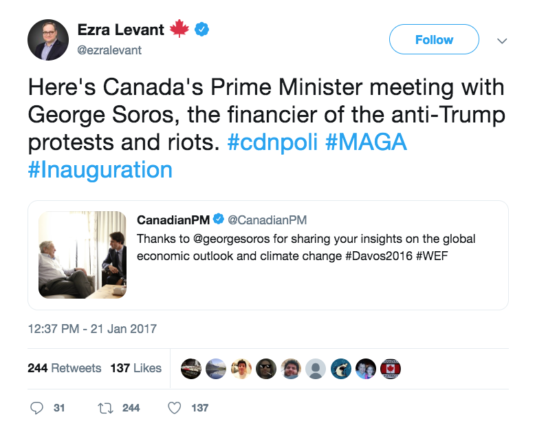 a_picazo's tweet photo. Periodic reminder that Ezra Levant continues to entertain and amplify anti-Semitic conspiracies. Also that this strain of anti-Semitism is a feature, not a bug, of the fringe right in #cdnpoli. https://t.co/LtvQOjTf7d https://t.co/P2H3jclNjZ