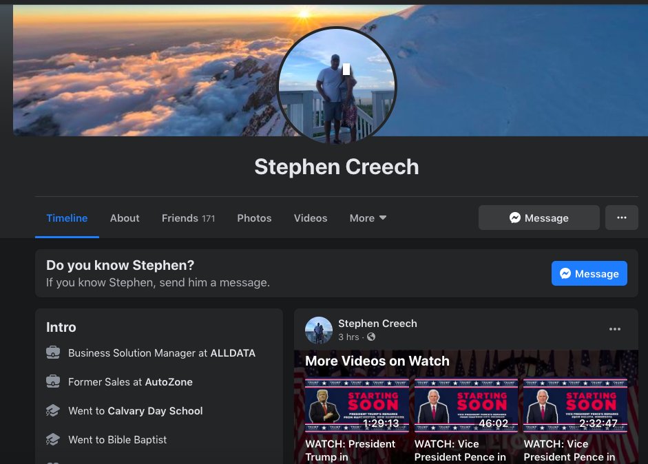 We can pinpoint a donor based on their unique name + visible politics, like Stephen Creech who says he's an  @ALLDATA employee. Stephen gave $100 donation to  #KyleRittenhouse's legal defense fund, hosted by a white nationalist org & has some racist politics https://www.facebook.com/stephen.creech.79