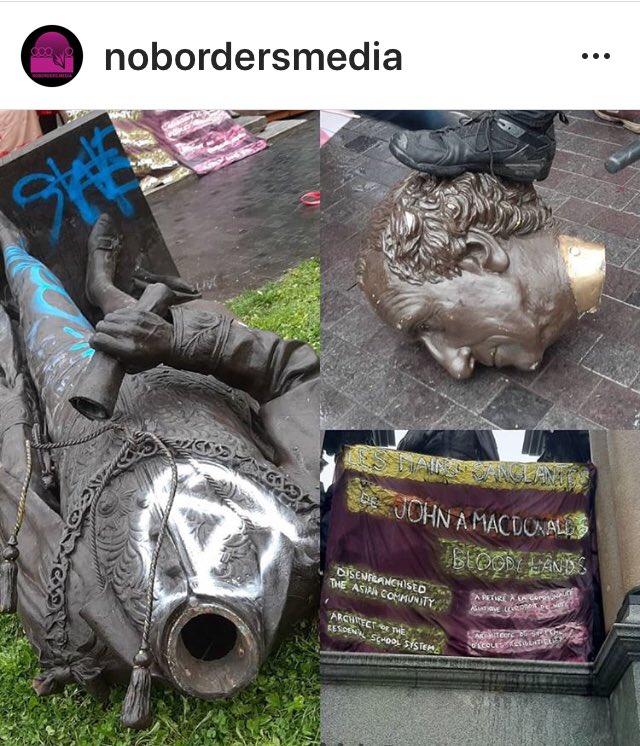 According to  @NoBordersMedia, Montreal’s John A. Macdonald statue has just been toppled. As an historian of settler colonialism in what is currently Canada, let me share some accessible resources to help folks understand why this is a positive development.