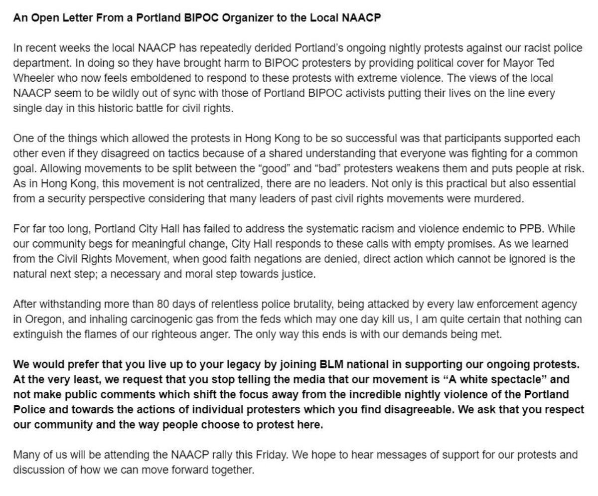 Yesterday's event happened in the wake of this open letter sent Aug. 26 by a local BIPOC organizer to Portland's NAACP requesting they stop calling protests "'A white spectacle'" and to not "shift the focus away from the incredible nightly violence of the Portland police."