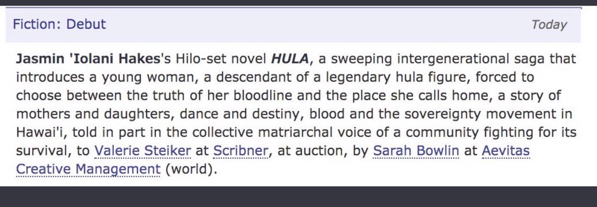 Here's another one.The title is HULA, the story is about HULA and Hawai'ian Sovereignty.The authors is NOT Kānaka. She is Filipino, Portuguese, Puerto Rican and white. (source:  https://omaha.com/opinion/jasmin-iolani-hakes-the-goddess-of-the-volcanoes-will-do-what-she-wants/article_90a414f3-e44a-5ac4-aa34-5f4627d36997.html)The audacity...[h/t to  @hakumele_]