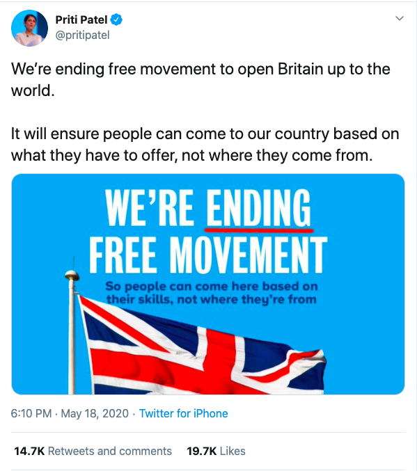 12/ My last graphic is from some time ago, but it is within the same genre — the Home Secretary's triumphant announcement that HM Govt is ending free movement. Ms Patel's Twitter feed is full of mentions of "freedom", but here is one freedom she's not keen on.
