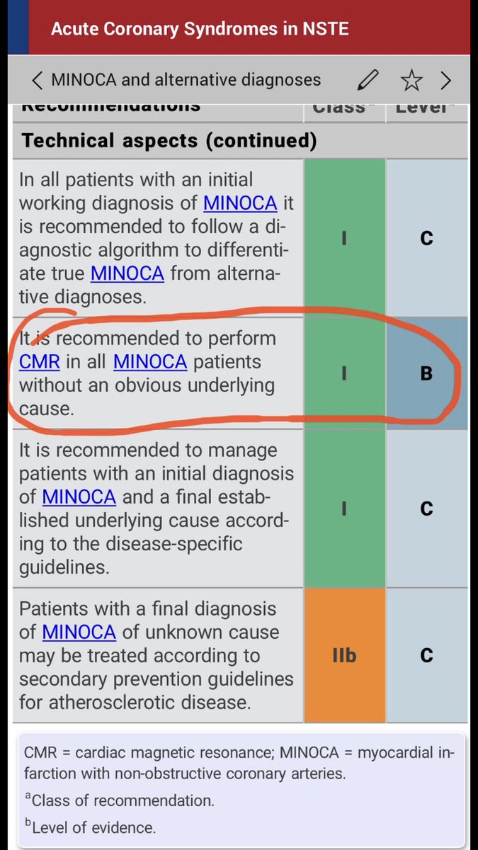 🤩 Amazing #ESC guidelines 2020! The crucial role of cardiac #MRI 🧲with class IB indication for ALL #MINOCA with unclear underlying cause ! 🙌🏻 So important for our patients and decision making!! 🙏🏻😚 @SCMRorg @GRRC_SFCardio @SFCardio