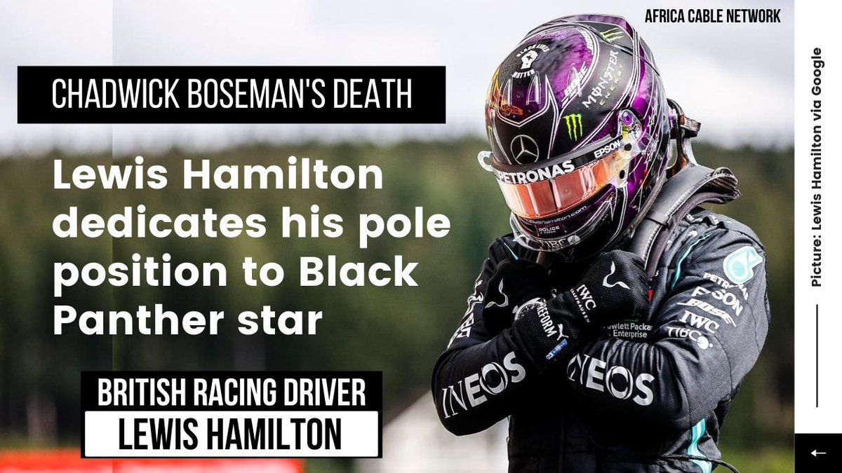 ACNLIFEtv's tweet photo. The Brit done the #Wakanda salute in tribute to #BlackPanther actor #ChadwickBoseman. #LewisHamilton dedicated sealing pole position at the Belgian Grand Prix on Saturday to #Boseman. #africacablenetwork https://t.co/ZEmvxi57do