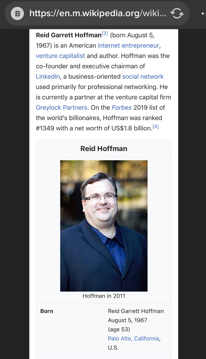 124/ REID HOFFMANLinkedIn FounderGreyLock (see #101)Also VP of PayPalWorked forMozillaAppleFujitsu$3.5m mostly to [BO/HRC] thru direct/PAC donationsDonated to same orgs as[$0R0$]Gate$[ES]Berggruen(#114)Omidyar(#15/16)ElonArianaDEEP DIVE NEEDED; esp pic 4