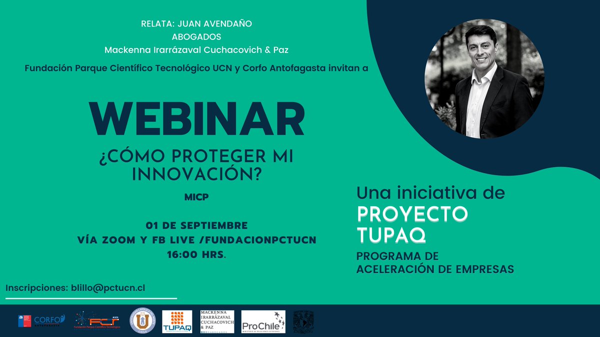 PCT_UCN's tweet image. 🧐¿Cómo proteger mi innovación? ¿En qué consisten las patentes de invención? estas y otras consultas tendrán respuesta en el 5to webinar #ProyectoTupaq, iniciativa que ejecuta la @PCT_UCN apoyada por @CorfoAntofa 
📆 1 sept
⏱️16:00 hrs.
👉bit.ly/3gDhcGZ
🖥️Zoom y FB live