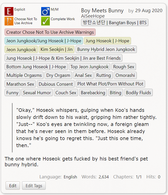 AiSeeHope's tweet photo. 🐰 Boy Meets Bunny 🐰

2.6 k words
Rated E🔞

Link➡️ https://t.co/gZunYB9XM0

The one where Hoseok gets fucked by his best friend's pet bunny hybrid

⚠️ Please read the tags ⚠️

#hopekook #bunkookweek https://t.co/HU3rwfHVpM