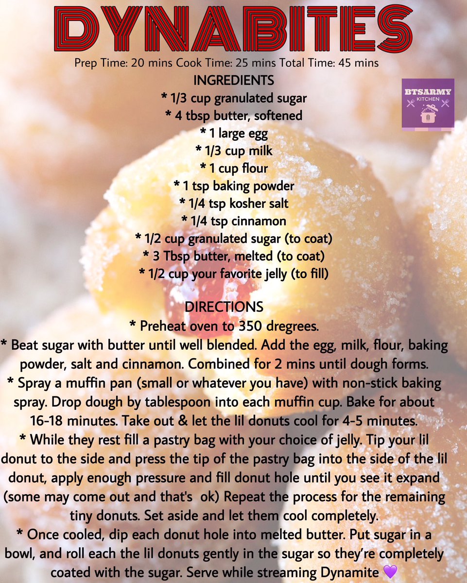 BTSARMYKitchen's tweet photo. We got endless request for some donuts 🍩 &amp; let’s admitted who doesn’t love donuts?! 

We also brought back our DYNABITES y’all love so much 🤗

VeganOpt🌱: Use UNFLAVORED apple sauce or mashed banana to sub the eggs &amp; your choice of milk 

#BTS_Dynamite #VMAs @BTS_twt https://t.co/KNeqfYNFgs