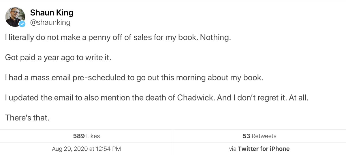 This dude.Why does Shaun King keep expecting people to believe that he he got paid upfront to write a book and is not getting a single penny thereafter?It’s ludicrous. He honestly thinks people are ignorant about how publishing works. Lol