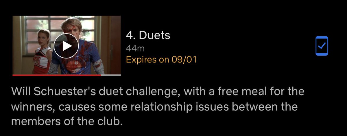 2. duets (s2 e4) 7/10 EVERY single song in this episode is on my playlist why lie.... everybody ate and left ZERO crumbs and we also see the start of the brittana storyline  points lost for bartie though 