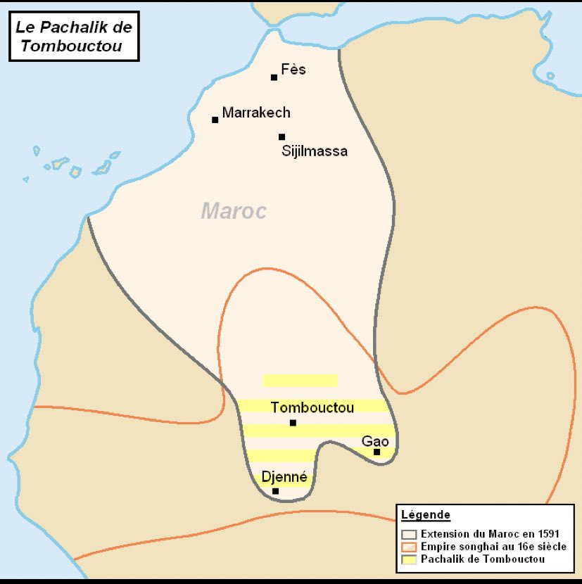 En effet À la suite d'un conflit entre le sultan marocain Ahmed al-Mansour et l'empereur songhaï Askia Ishaq II portant sur le contrôle des mines de sels de Teghazza, une guerre éclate entre les deux pays et se solde par l'annexion de la région de la boucle du Niger par le Maroc.