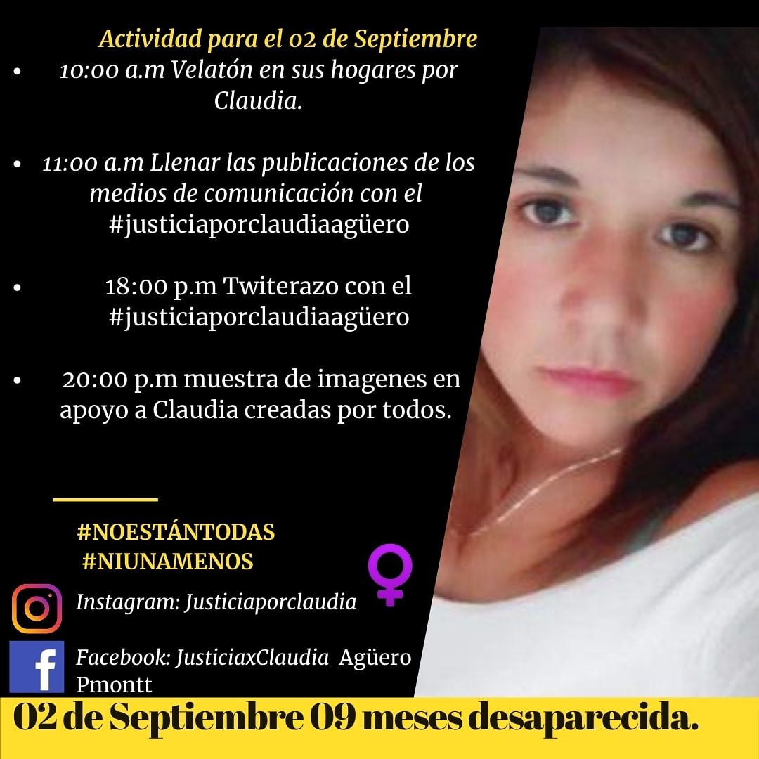 Pedimos puedan compartir y participar de las intervenciones por Claudia Agüero. 
La gente que quiera crear imágenes o videos cortos pidiendo justicia por Claudia con algún cartel o algún detalle pueden hacerlos llegar antes del 02 de Septiembre. 
#PDI
#JusticiaporclaudiaAgüero