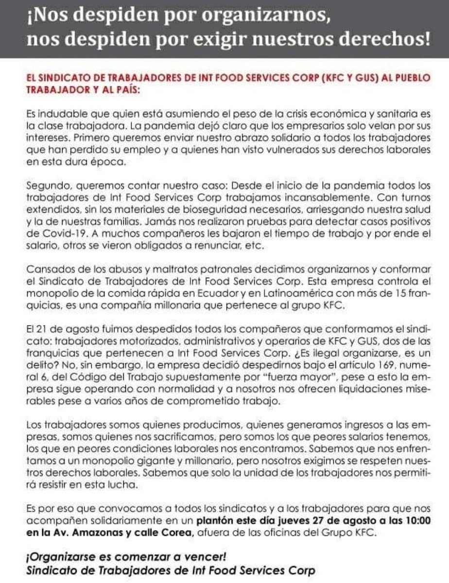 chelitomena's tweet photo. .@GrupoKfcEcuador Toda la miseria del capitalismo reflejada en las marcas @kfcecuador y #PolloGus. Toda la solidaridad con los trabajadores despedidos. https://t.co/dmzfYvAjlR