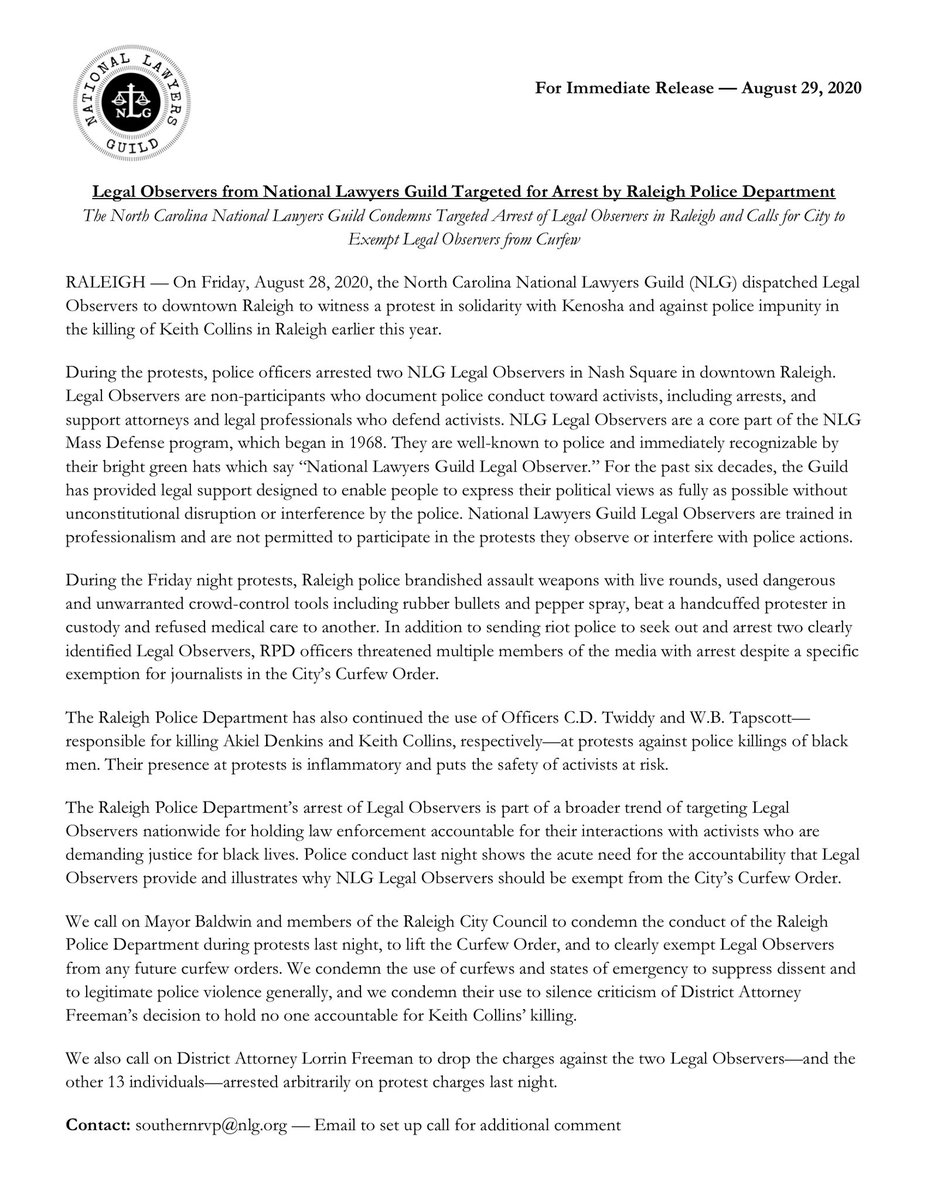 ncnlg's tweet image. NC NLG statement on the arrest and targeting of legal observers in Raleigh on Friday, August 28th