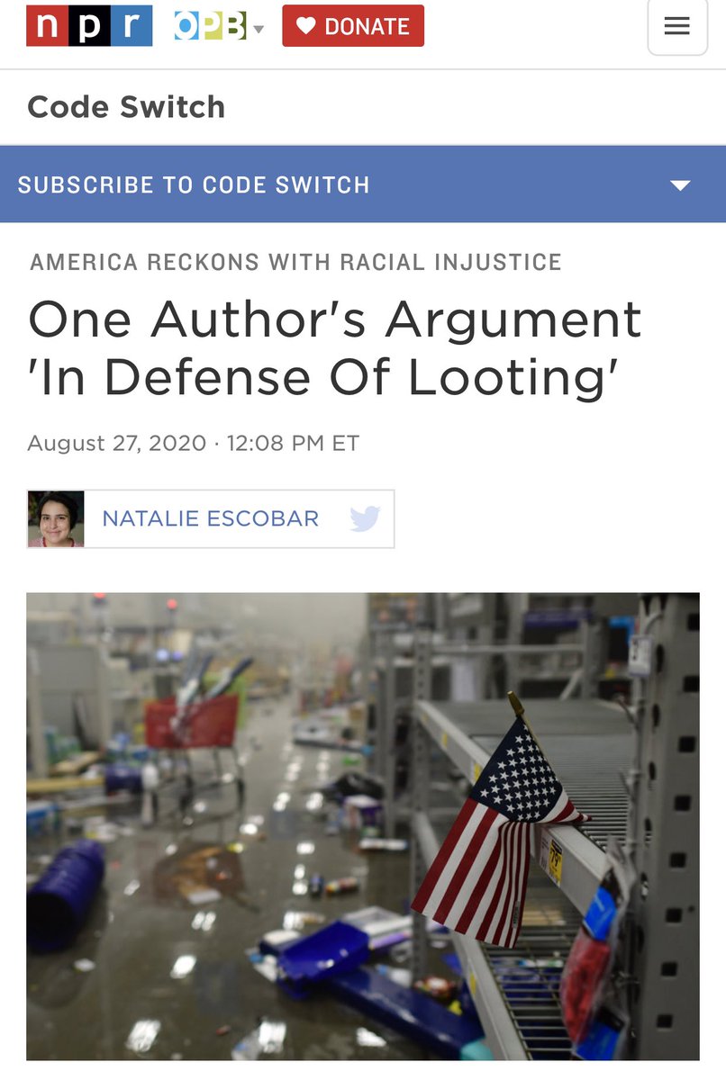 MrAndyNgo's tweet image. .@NPR interviewed &amp;amp; promoted an antifa writer’s new book, “In Defense of Looting.” @Vicky_ACAB says looting is moral &amp;amp; “strikes at the heart” of whiteness, capitalism and police.
