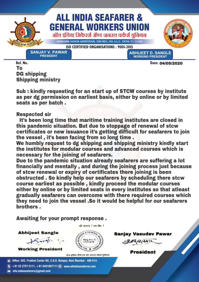 ADSangl3's tweet photo. If Merchant Navy has skill based training then as per Unlock 4.0, Training is permitted. @shipmin_india kindly Request for an start up of STCW Courses by Institute as per @dgship_goi permission on earliest basis by limited seat as per batch. https://t.co/mUYjMaOLz2