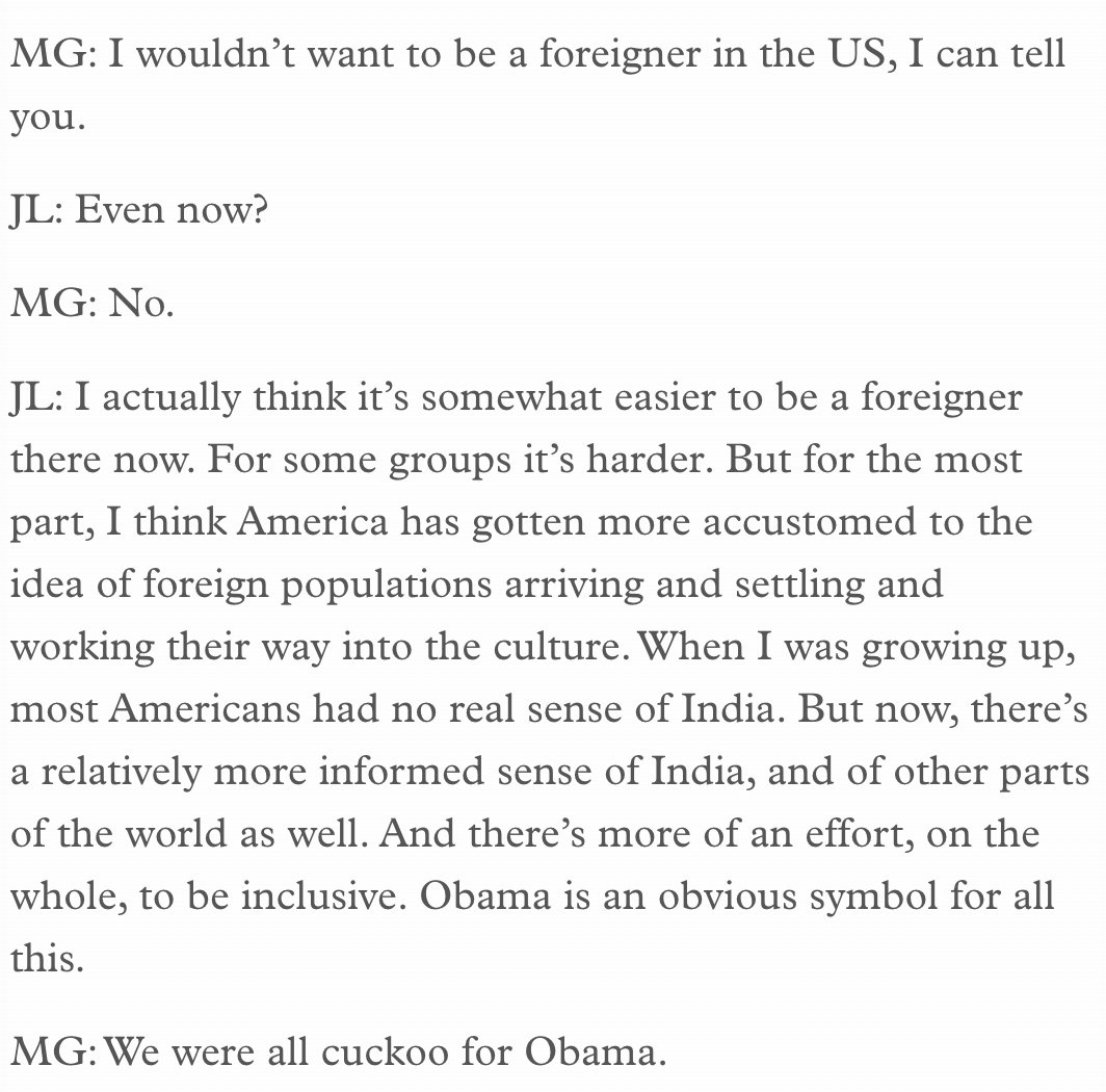 Honestly, you can tell that Mavis Gallant lived through the rise of fascism and saw its aftermath in her response to Lahiri's benign optimism here. This interview is from 2009, and Gallant was not fooled AT ALL.