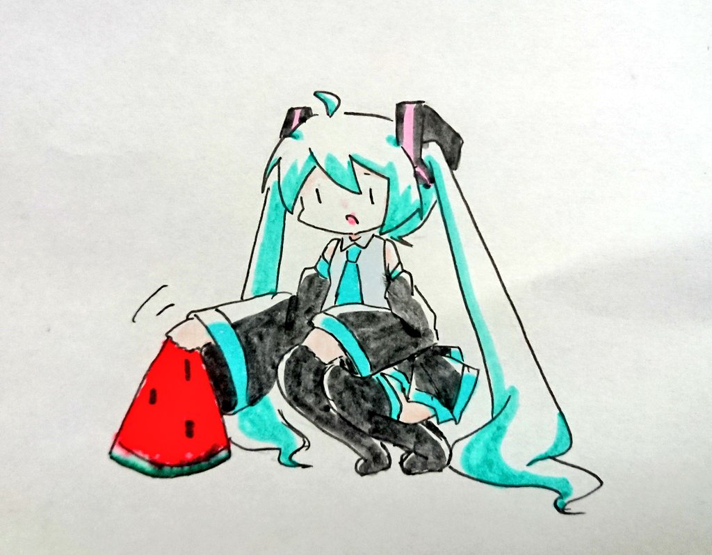 初音ミク 「病んでるスイカを慰めるミクさん 」|電瀬のイラスト