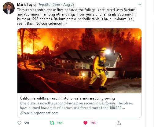 Retired firefighter Mark Taylor says, "they can't control these wild fires because the foliage is saturated with Barium and Aluminum among others things from years of chem-trails.