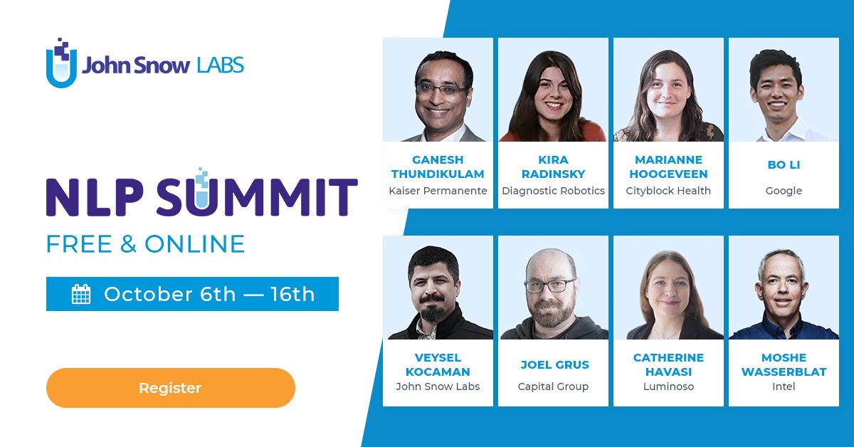 JohnSnowLabs's tweet image. On the 3rd day of the #NLPSummit @Veysel Kocaman – Senior Data Scientist at John Snow Labs will discuss &apos;Towards better than human clinical #NamedEntityRecognition.&quot; Ganesh Thodikulam – ED at Kaiser Permanente explain Combining NLP &amp;amp; Social Determinants.
nlpsummit.org/program/