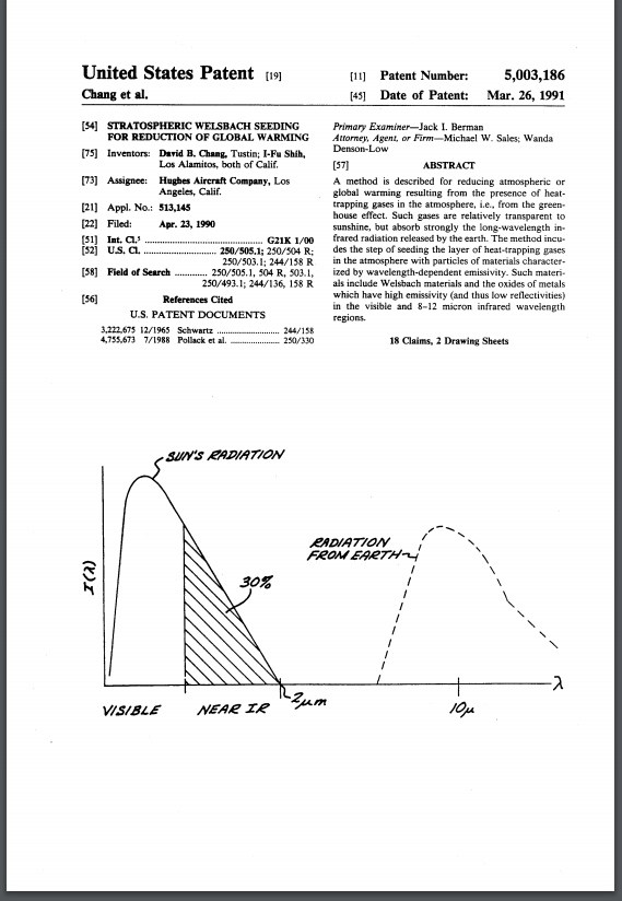 A PATENT! (BOOM)"Stratospheric Welsbach seeding for reduction of global warming"Inventor David B. ChangI-Fu Shih Hughes Aircraft Co Raytheon CoA01G15/00 Devices or methods for influencing weather conditions  https://patentimages.storage.googleapis.com/4e/48/c7/1749609eefd47b/US5003186.pdf