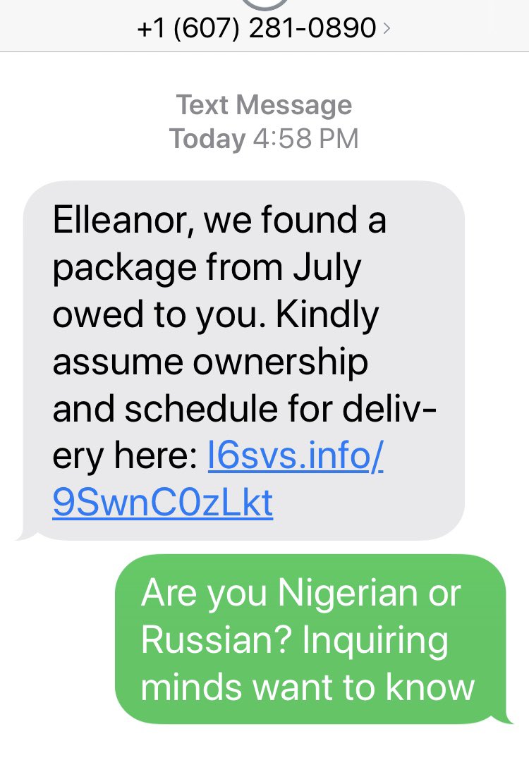elleanorchin's tweet photo. The evolving science of scams. It would be nice if @fcc and @ftc took some time out from deregulation and sucking up to special interests and did something about it. #textscams #textfraud #wirefraud #packagescam https://t.co/AmsMQXaPri