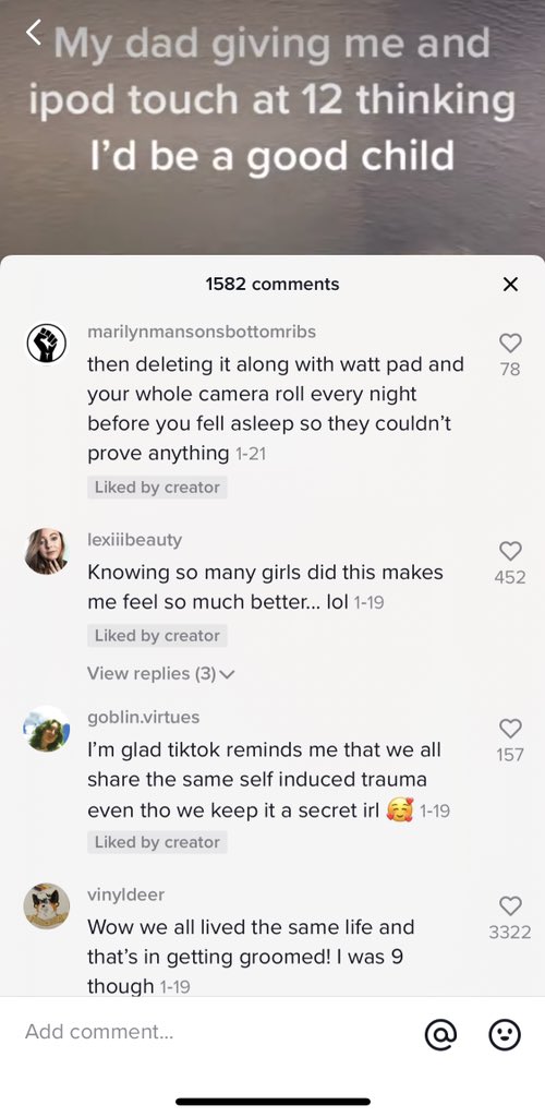 Pretty disturbing, right? A 12 year old girl sending nudes to adult men over kik, a messaging app. If you look at the comments, you realize that all of these girls & young women had the same experience.