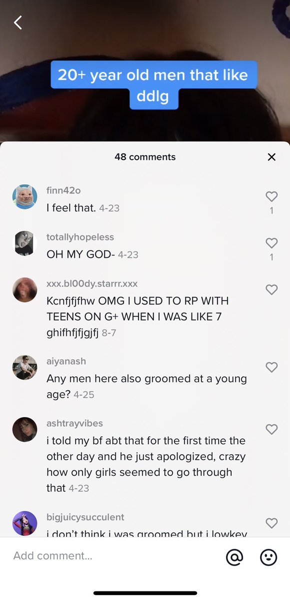 And here are the comments—I encourage you to read them all. These girls were groomed on Clash of Clans (a video game app), Animal Crossing, and more. One girl says she was groomed in elementary school.