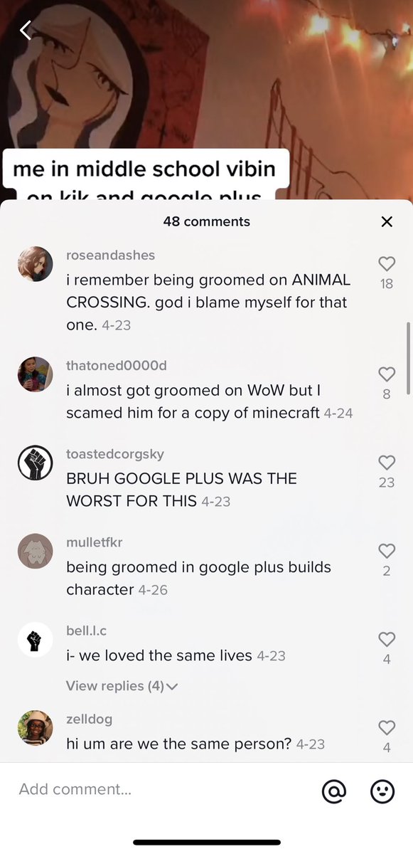 And here are the comments—I encourage you to read them all. These girls were groomed on Clash of Clans (a video game app), Animal Crossing, and more. One girl says she was groomed in elementary school.