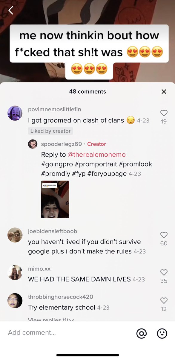And here are the comments—I encourage you to read them all. These girls were groomed on Clash of Clans (a video game app), Animal Crossing, and more. One girl says she was groomed in elementary school.