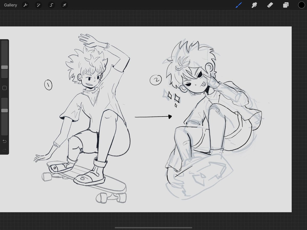 the first sketch was the beginning of the month didn't really like it that much but after doing more studies of cloth, anatomy and dynamic poses i finally like this killua drawing ? 