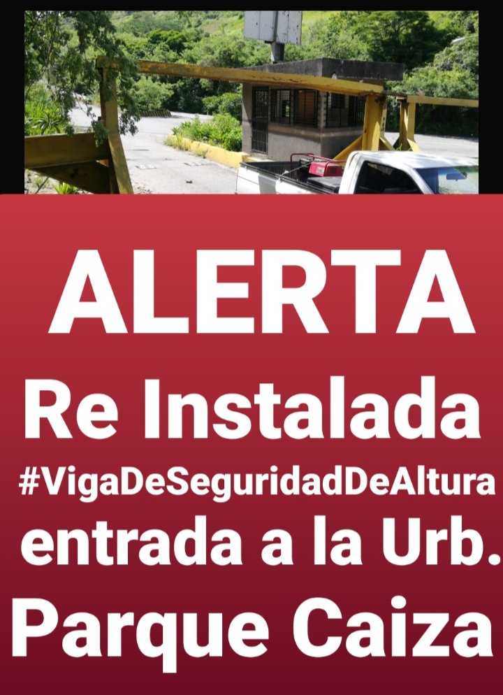 VECINOS! Favor informar a sus vecinos y circular por los grupos y redes sociales.  HOY  fue Re Instalada la #VigaDeSeguridadDeAltura entrada Urb. @ParqueCaiza @FilasdeMariches @ReporteYa @EquipoSucre @CapillaCaiza @PolisucreOficia @Policia_Miranda Precaución! 8:30pm