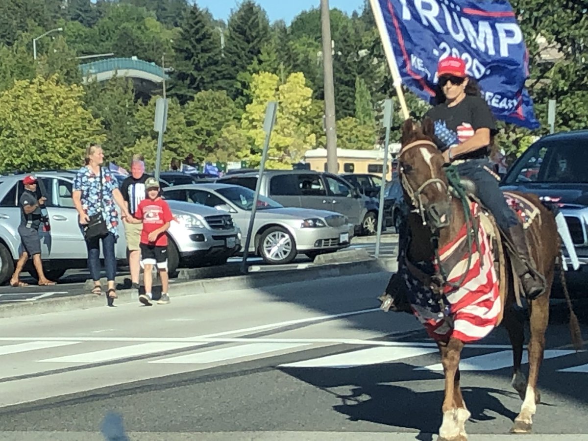 Well, we’re leaving the Trump Traffic Jam at Clackamas Town Center, a mall parking lot outside Portland city limits. Pity this horse.