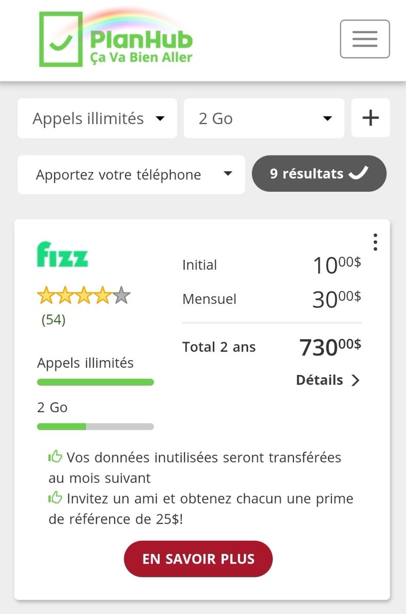 Un papier dans La Presse auj : 
"En ce moment, un forfait appels illimités comportant 2 Go de données coûte 35 $ par mois chez Koodo et Virgin Mobile" 
Curieusement, la journaliste oublie Fizz qui offre le même forfait pour près de 15% de moins ... à 30 $ par mois.
