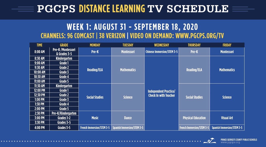 Kingsford_ES's tweet photo. Monday, August 31st is the first day of school! We are shooting for 100% participation! Families waiting patiently for a device may participate via PGCPS Distance LearningTV. Check out the schedule below. #DistanceLearningReady https://t.co/rbQ5AIPs3R