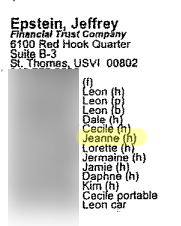 This  #EpsteinAssociate is as a licensed CPA and works for Jeffrey Epstein's company in the Virgin Islands, Financial Trust. Her current CPA biz still uses his VI address.In the black book and listed as VP of Financial TrustJeanne Brennan Wiebracht https://www.facebook.com/jeanne.brennan.735