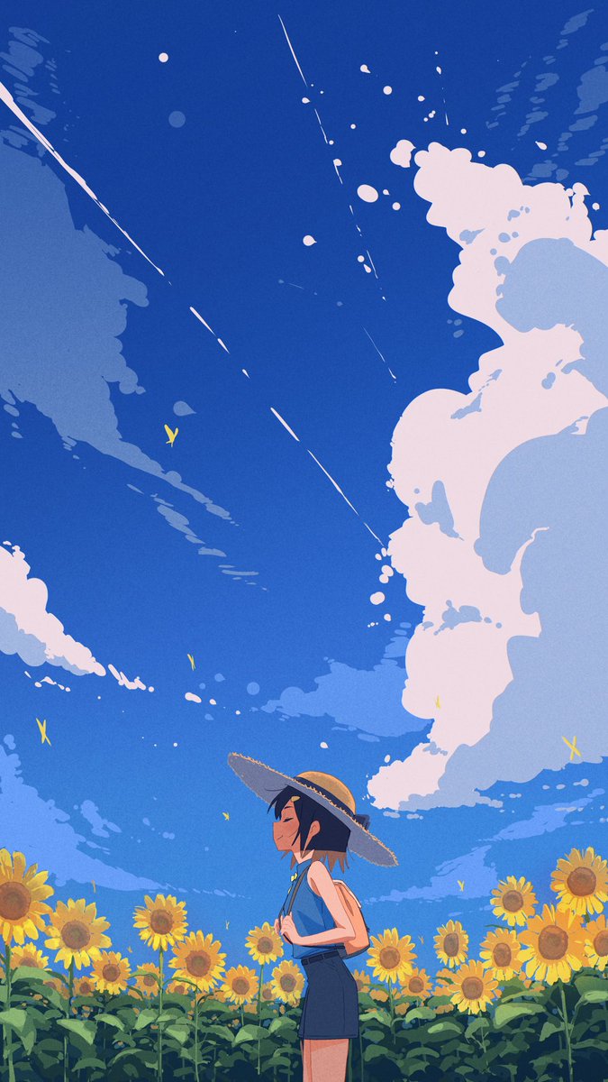 1girl flower hat solo sky cloud outdoors  illustration images