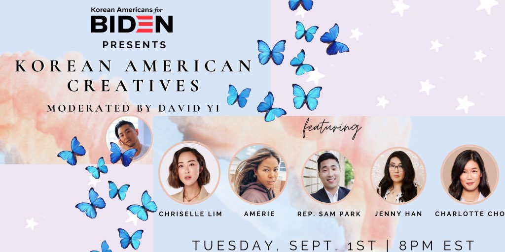 We are BEYOND excited for our Korean American Creatives event moderated by the amazing @seoulcialite 🤩 Join us for a night of conversation with @CHRISELLEtweets, #amerie, @SamforGeorgia, @jennyhan, and @charlottejcho this Tuesday, September 1 at 8PM ET/5PM PT 🦋