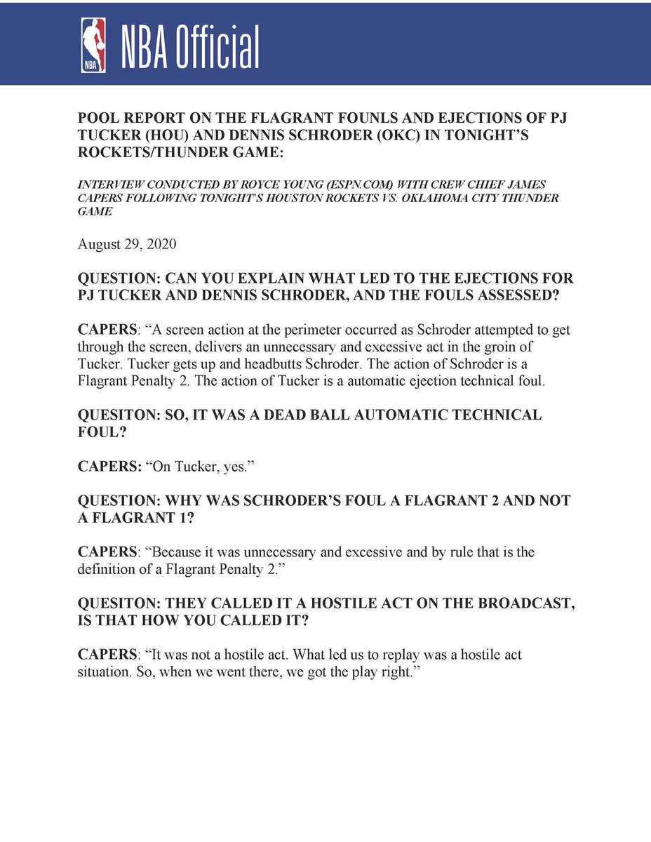 Nba Official On Twitter Below Is The Pool Report On The Flagrant Fouls And Ejections Of Pj Tucker And Dennis Schroder In Tonight S Rockets Thunder Game Https T Co Akrdggd9im