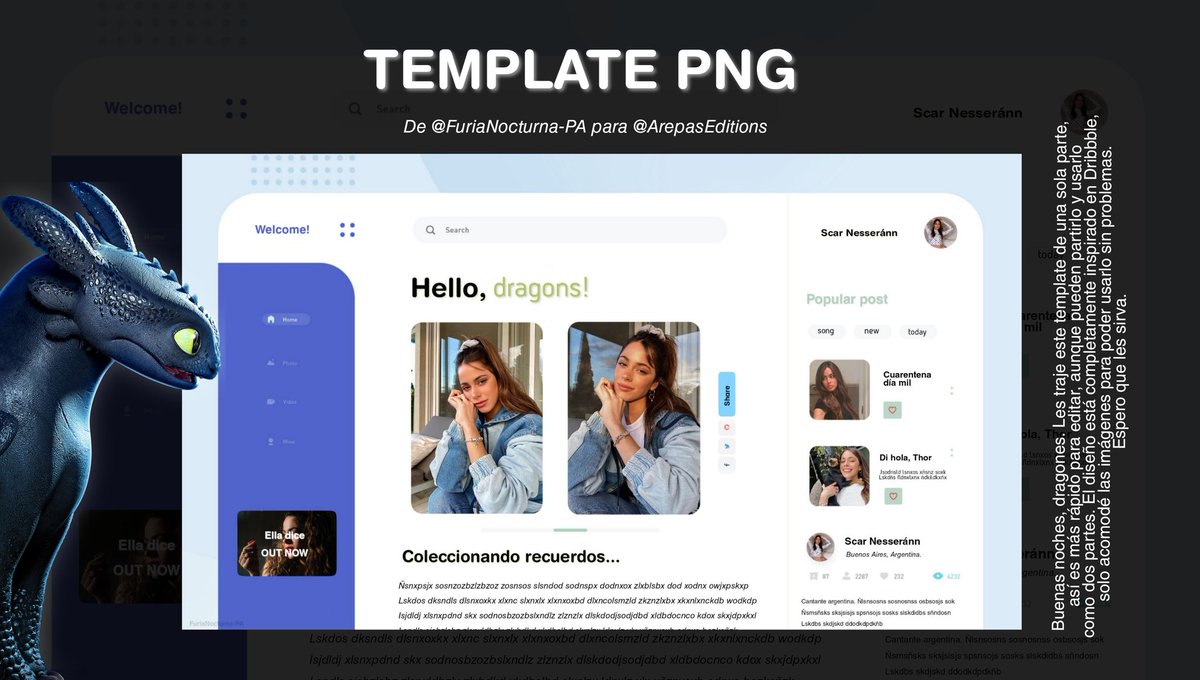 🐀| Template PNG. 

¡Hola, dragones! Después de desaparecer un tiempito, les traje este nuevo template. Es bastante sencillo y fácil de llenar, así que espero que les sirva. 

• Hecho por: <a href="/FuriaNocturnaPA/">Scar.</a>
• Info en la imagen. 
•Link: drive.google.com/folderview?id=…