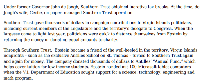 A member of the Board of Trustees for many years at the exclusive VI Antilles School which has plenty of connections to Epstein including donations from him/companies and his employees including Jeanne herself https://projects.propublica.org/nonprofits/organizations/670250379Thread on Cecile https://twitter.com/Agenthades1/status/1165838117825204229