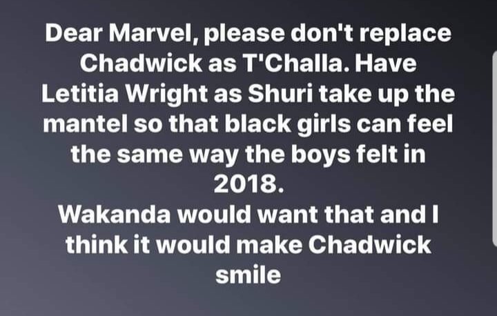Hi good night good evening good morning. To <a href="/Marvel/">Marvel Entertainment</a> <a href="/Marvel/">Marvel Entertainment</a> <a href="/MarvelStudios/">Marvel Studios</a> <a href="/PlayAvengers/">Marvel's Avengers</a> Please do not replace Chadwick. Black Queens, Kings &amp; our entourage will drag you to the end of the earth. We will have no couth. If you thinking about it...STOP!