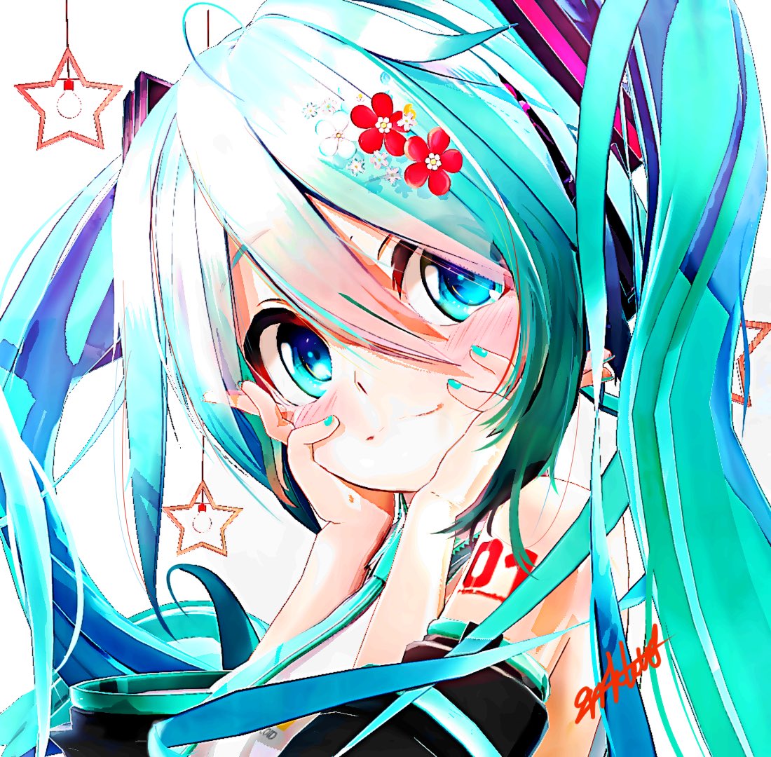 hatsune miku 1girl solo hair ornament long hair twintails detached sleeves shoulder tattoo  illustration images