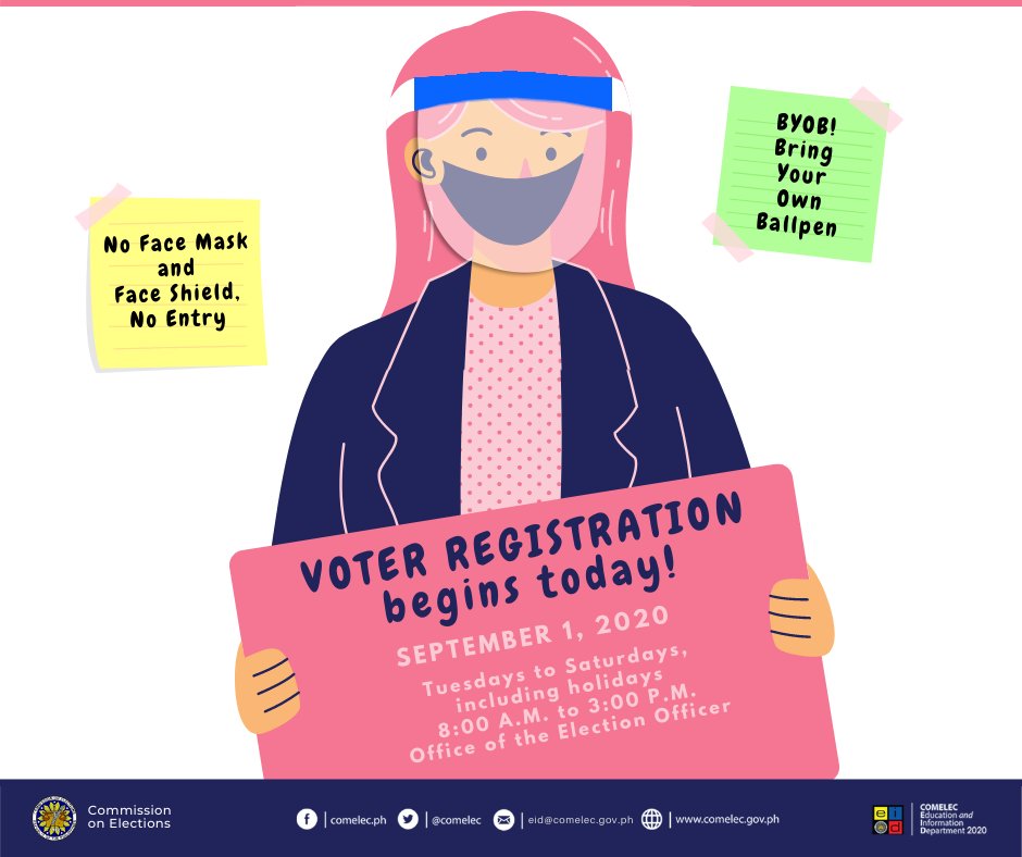 COMELEC's tweet photo. #VoterReg begins today! #MagparehistroKa na!
Got questions? #AskCOMELEC here: https://t.co/q20femikYN https://t.co/fwbVGzo0GX