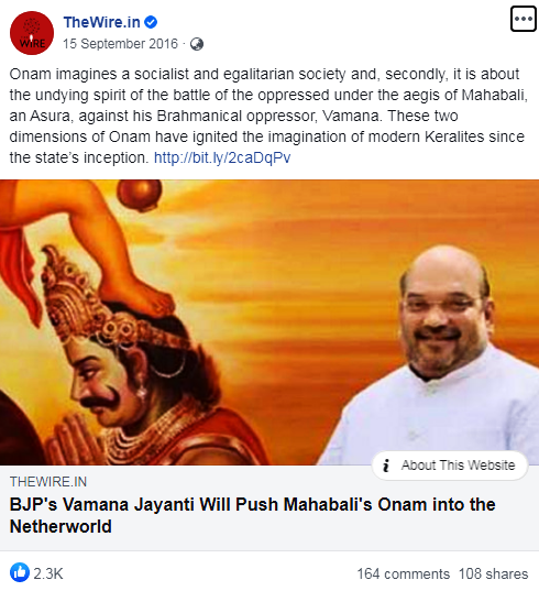 Onam imagines a socialist and egalitarian society and, secondly, it is about the undying spirit of the battle of the oppressed under the aegis of Mahabali, an Asura, against his Brahmanical oppressor, Vamana.