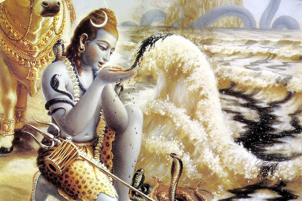 The churning first produced poison,then valuable things such as gems, jewels, animals, gods,goddesses. Finally the pot of ambrosia emerged. Lord Vishnu, disguised as a woman who was the embodiment of sensual beauty, deceived the demons & delivered all the ambrosia to the demigods